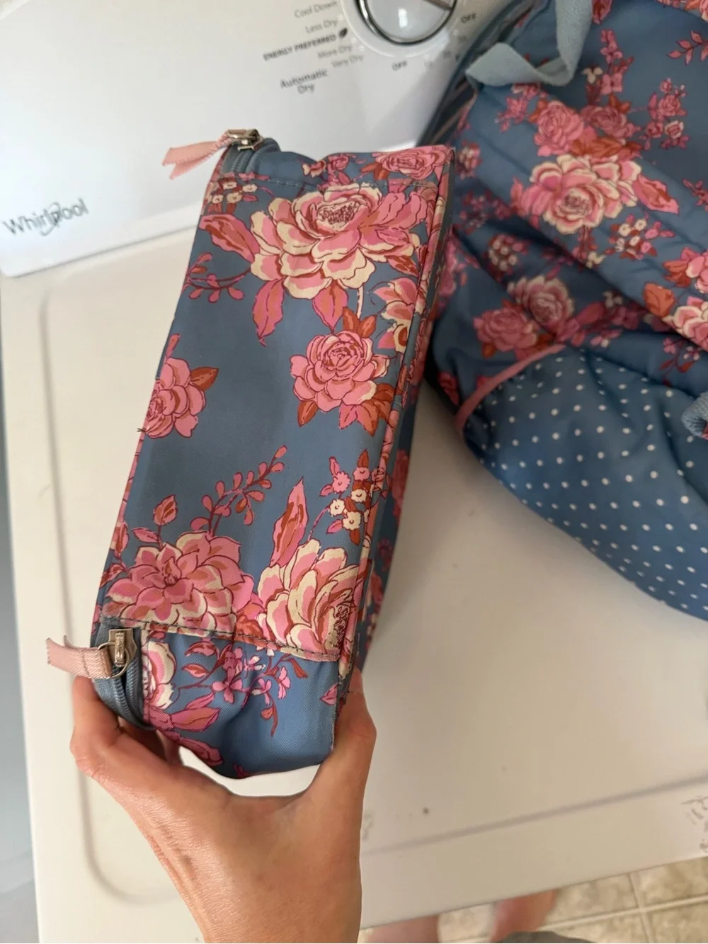 Matilda Jane Blue Floral Backpack with Pink Rose Print and Matching Lunch Bag